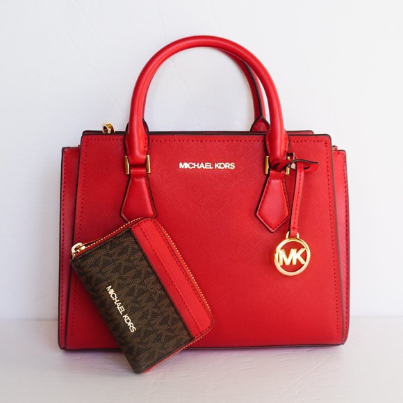 Michael Kors Hope MD Messenger Bag + Card Case Wallet Set MK Brown Red - Picture 1 of 16